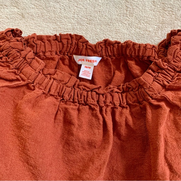 Rust coloured top, Joe Fresh, ruffle, off the shoulder - Picture 2 of 5